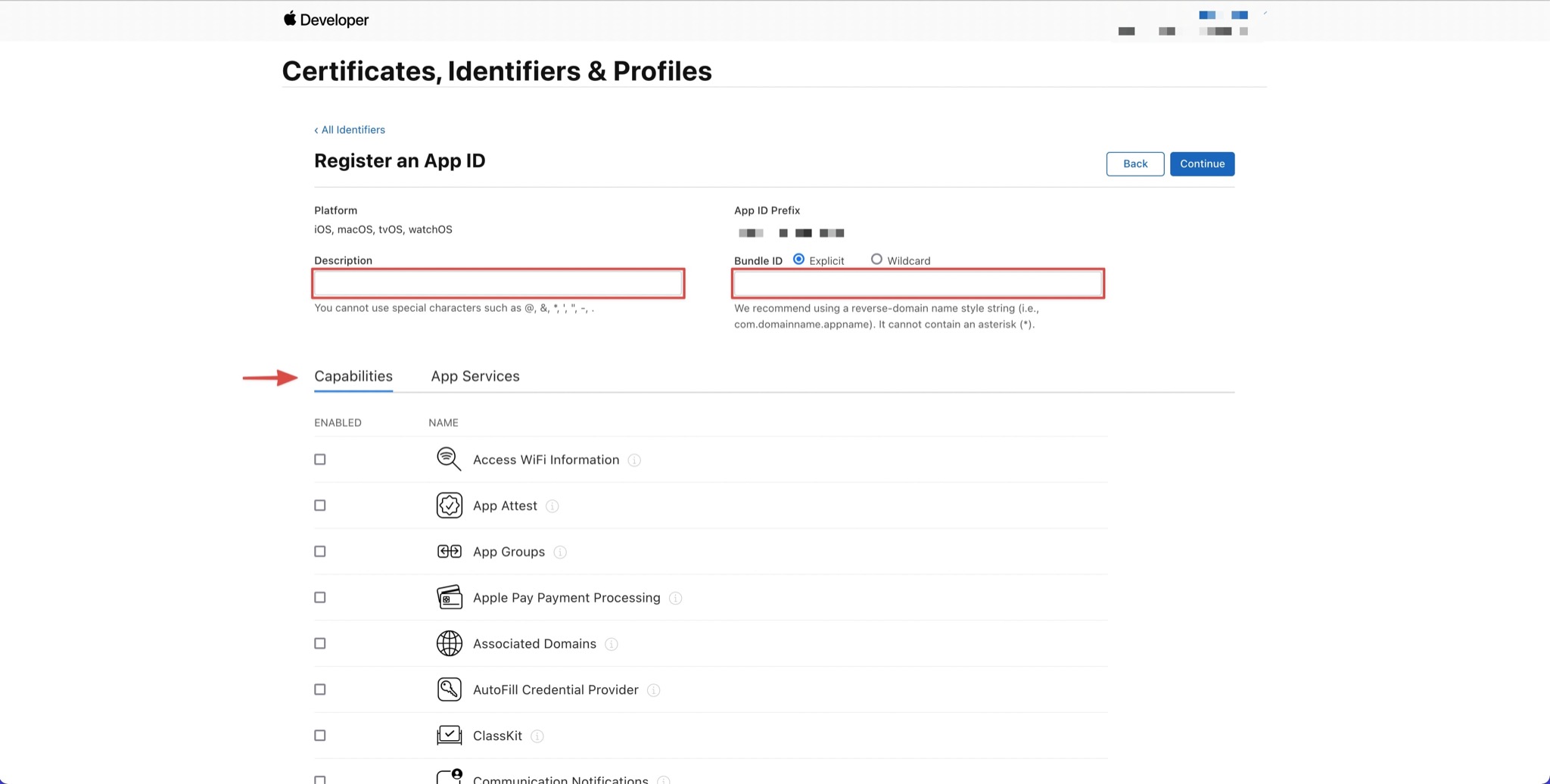 Apple Developer Identifier Register App Bundle ID Description