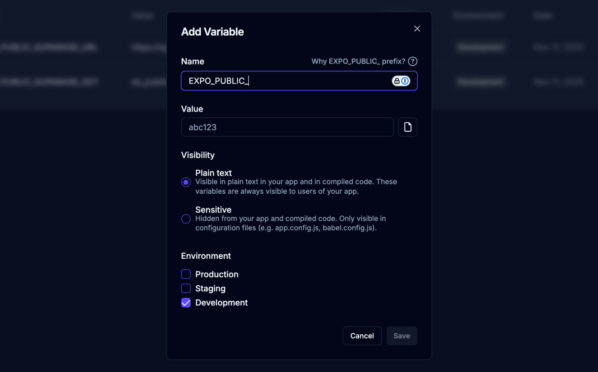Add Variable form