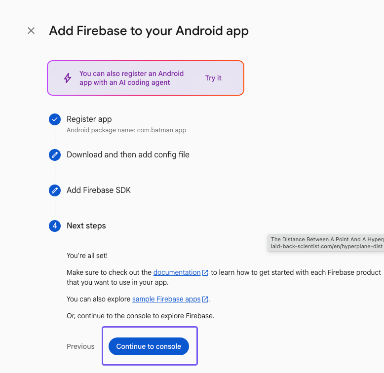 Continuing to the Firebase console