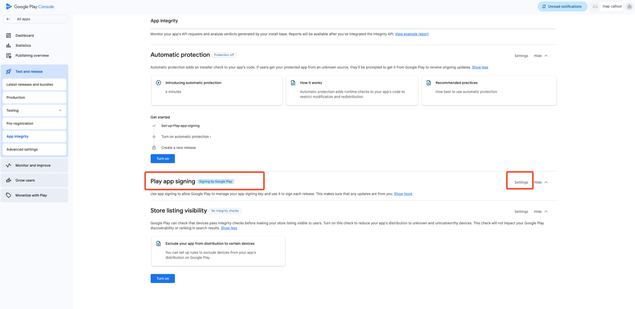 Find App signing section