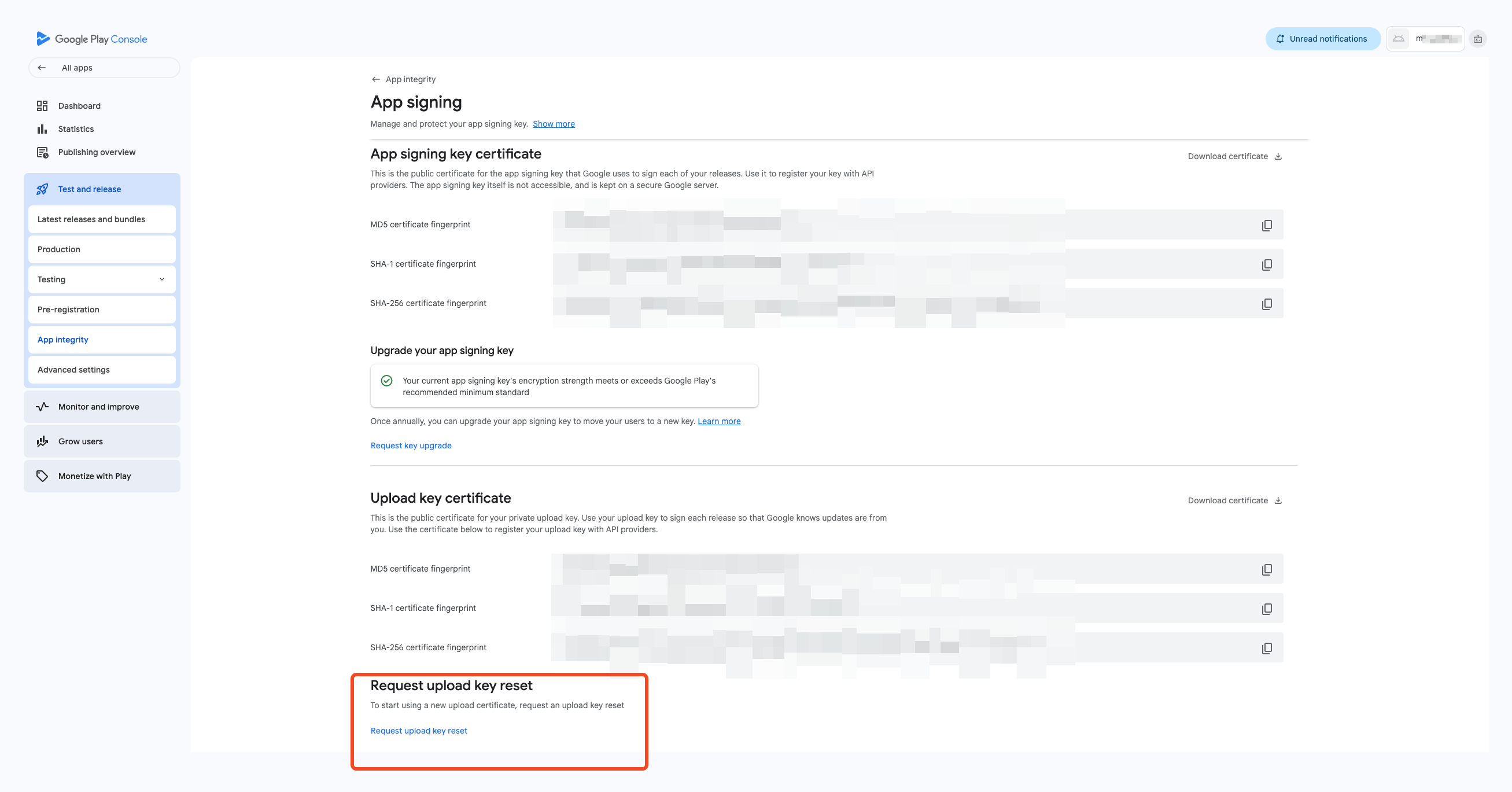 Request upload key reset / replacement