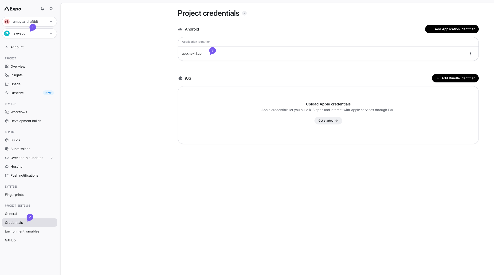 The Expo dashboard's Credentials page, listing the Android application identifier
