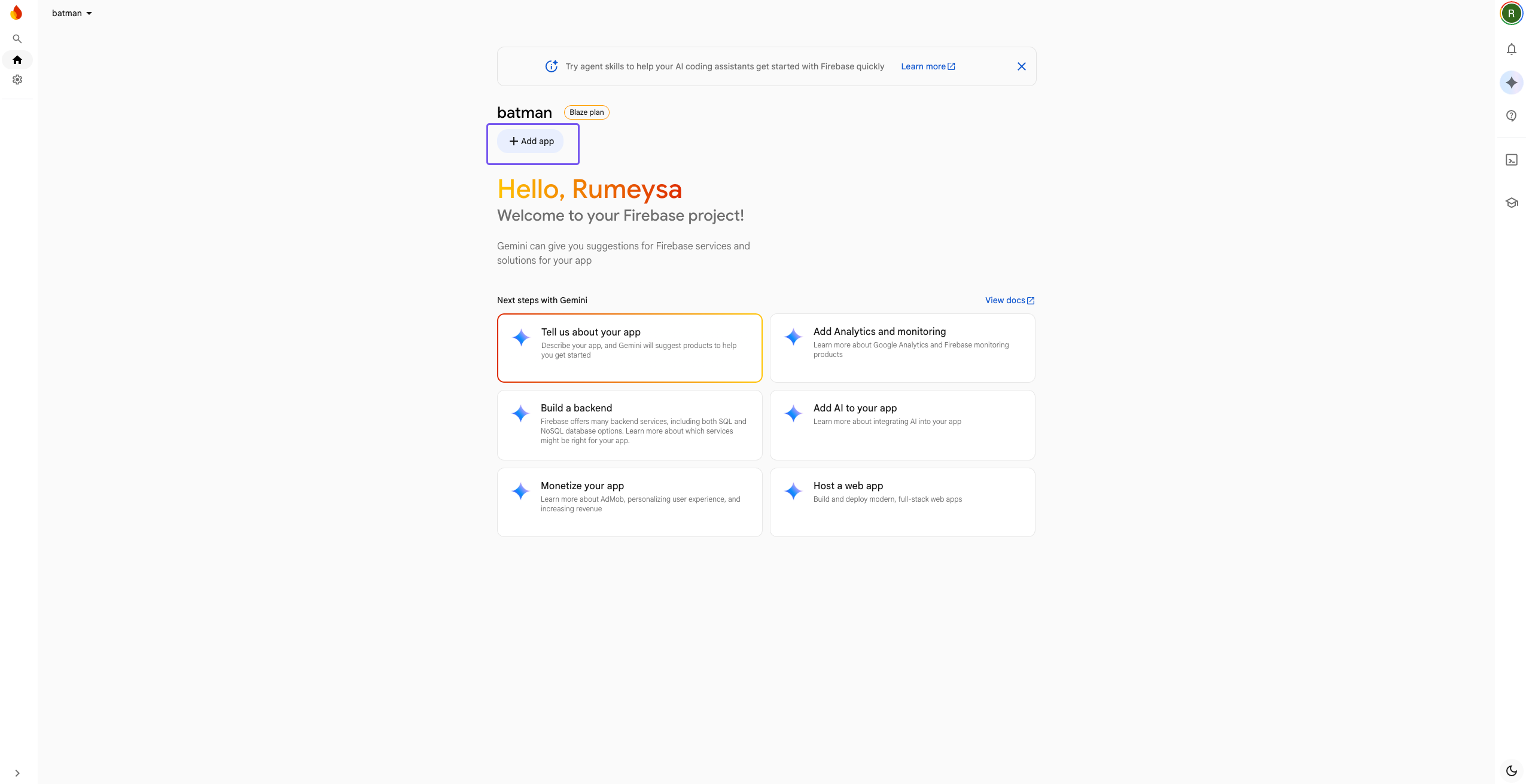 The Add app button on a Firebase project's home page