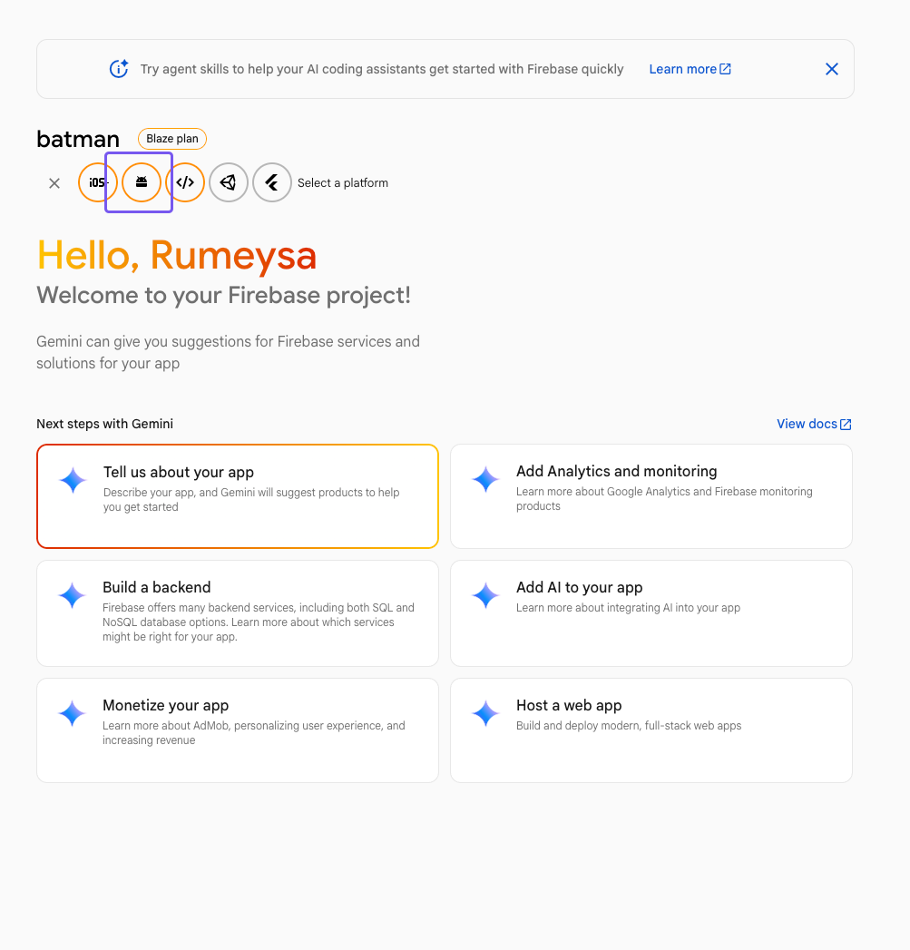 Selecting Android as the platform to add