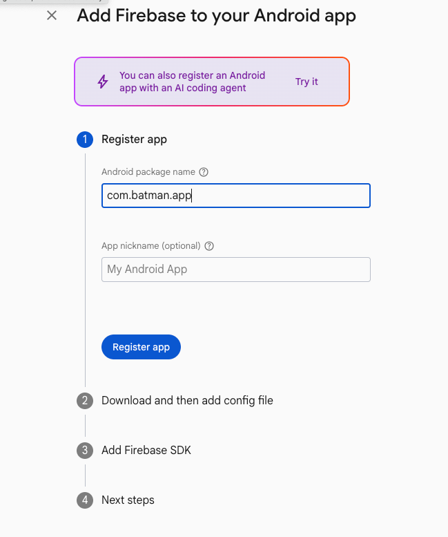 Registering the Android app with its package name
