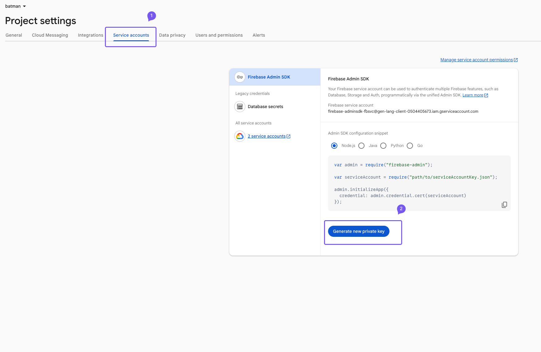 Generating a new private key from the Service accounts tab