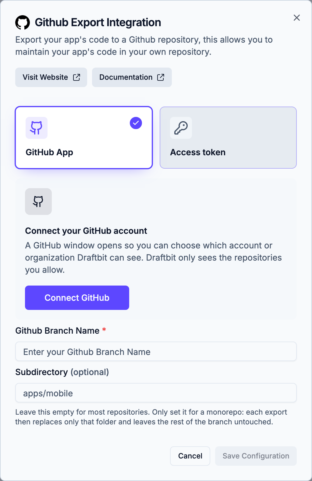 The Github Export Integration dialog with GitHub App selected, a Connect GitHub button, and empty branch and subdirectory fields