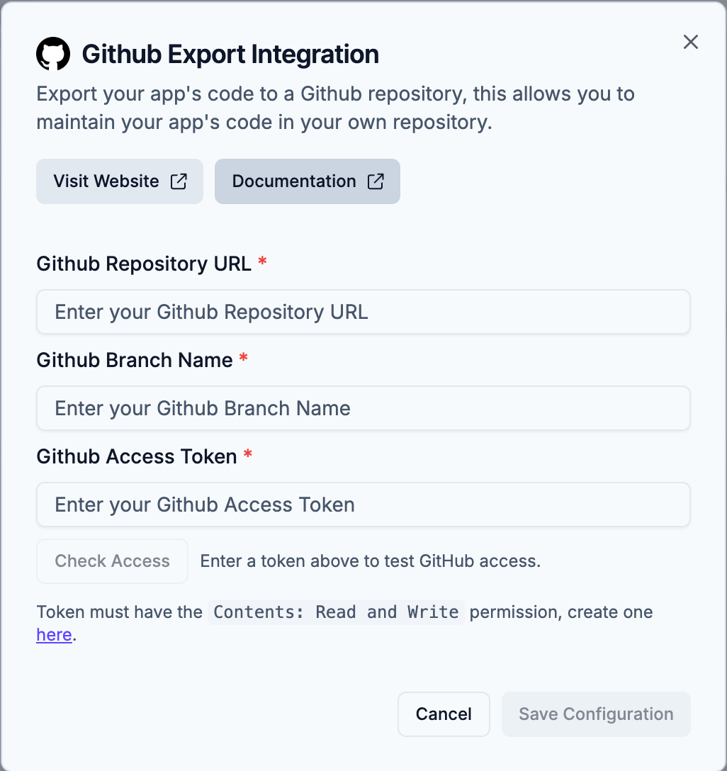 The Github Export Integration dialog with empty fields