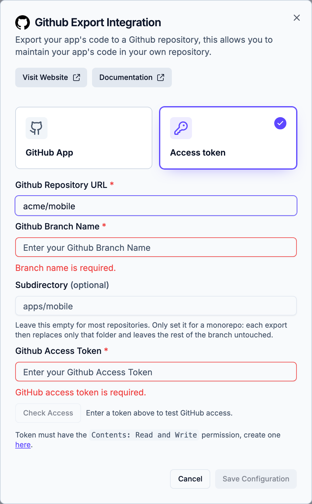 The Github Export Integration dialog with Access token selected, showing inline validation for empty required fields