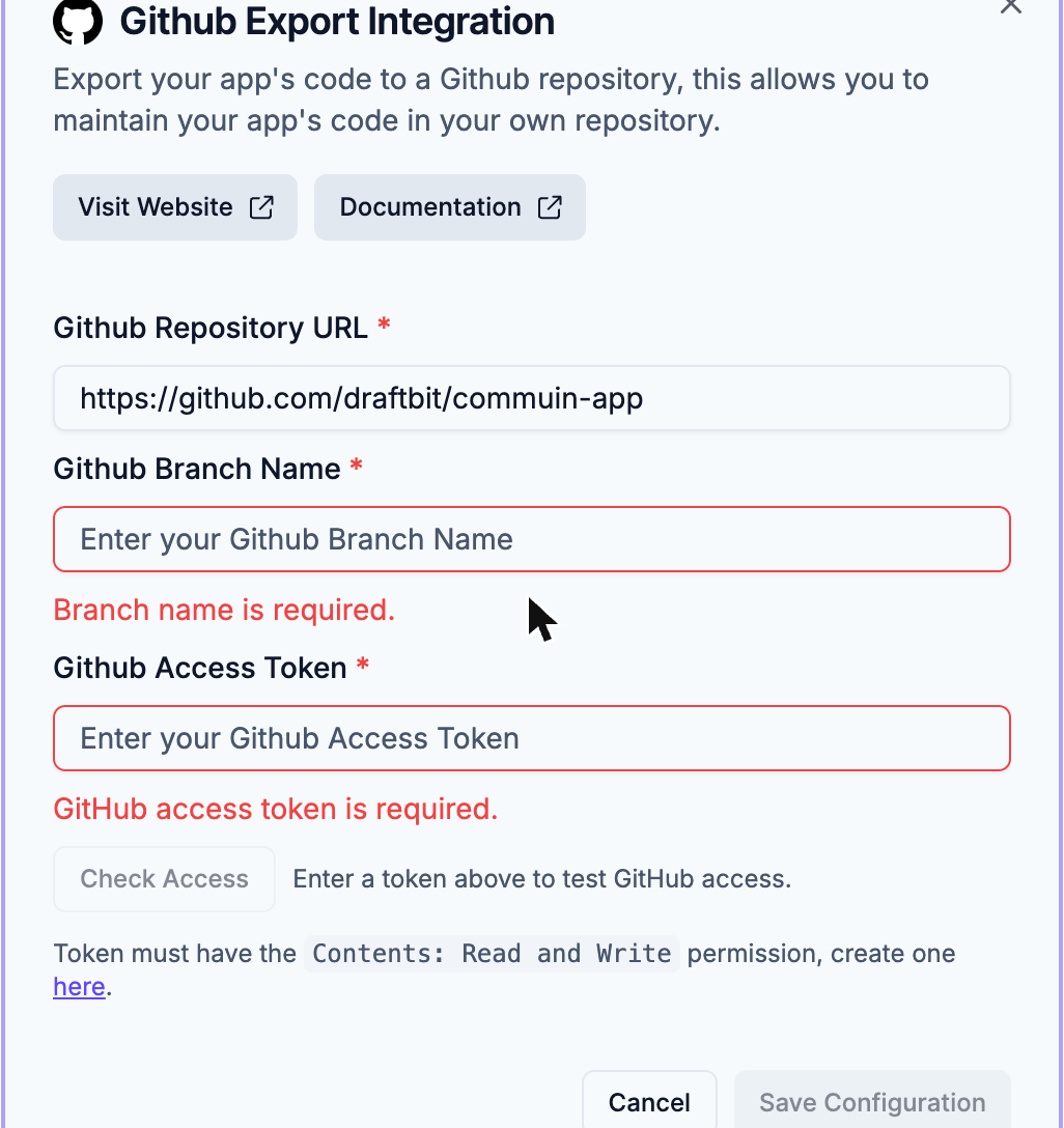 The Github Export Integration dialog showing inline validation for empty required fields