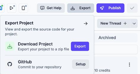 The Export menu, with GitHub Export listed alongside Download Project