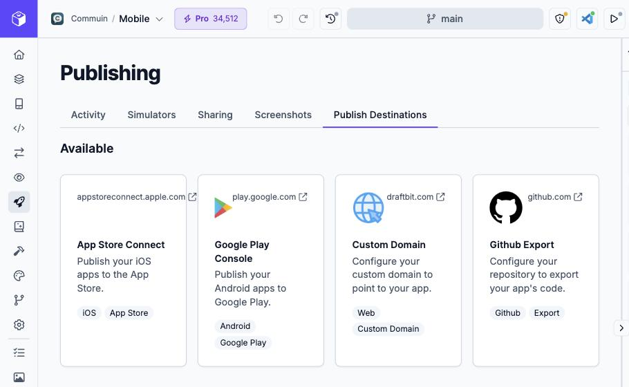 The Publish Destinations page, with the Github Export card alongside other publish destinations