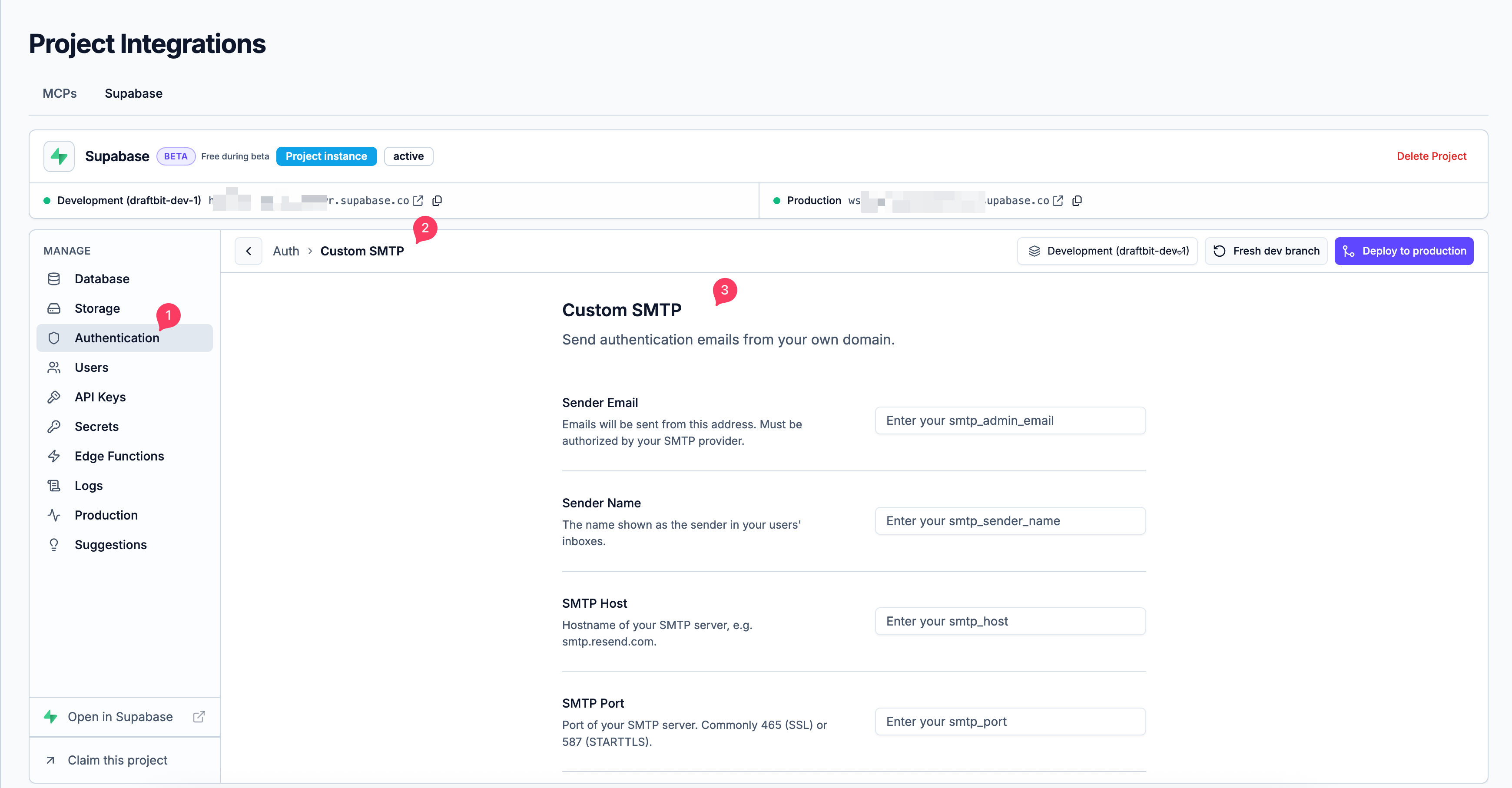 Custom SMTP fields: Sender Email, Sender Name, SMTP Host and SMTP Port