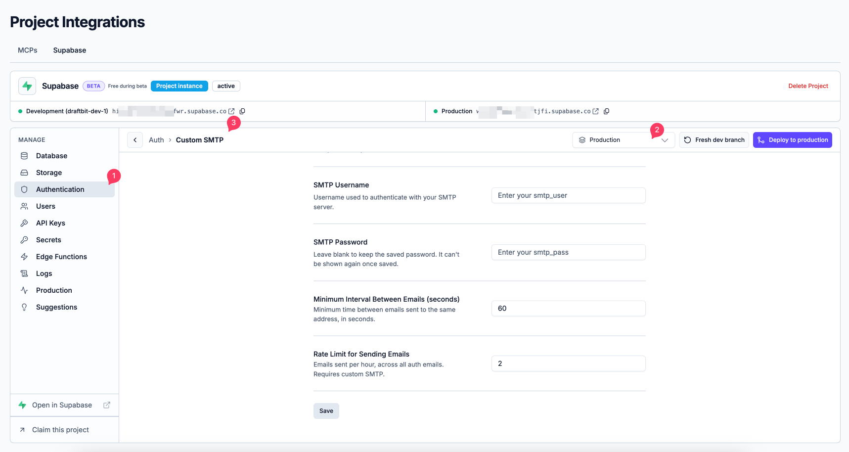 Custom SMTP settings with the email rate limit