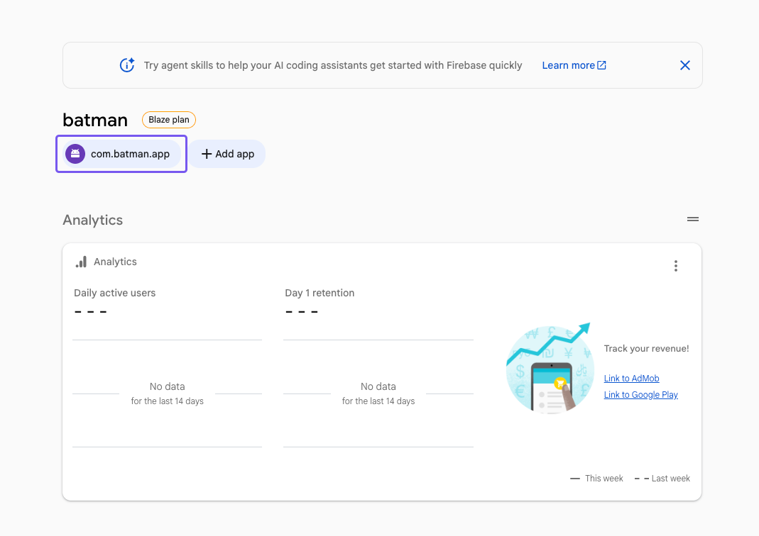 The registered Android app now showing in the Firebase console