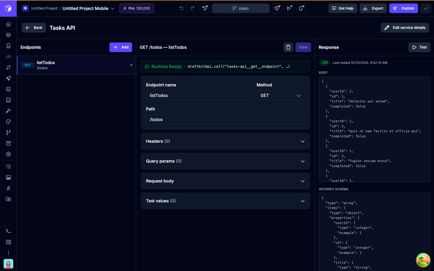 A Runtime Ready endpoint, showing its draftbitApi.call code key and the test response