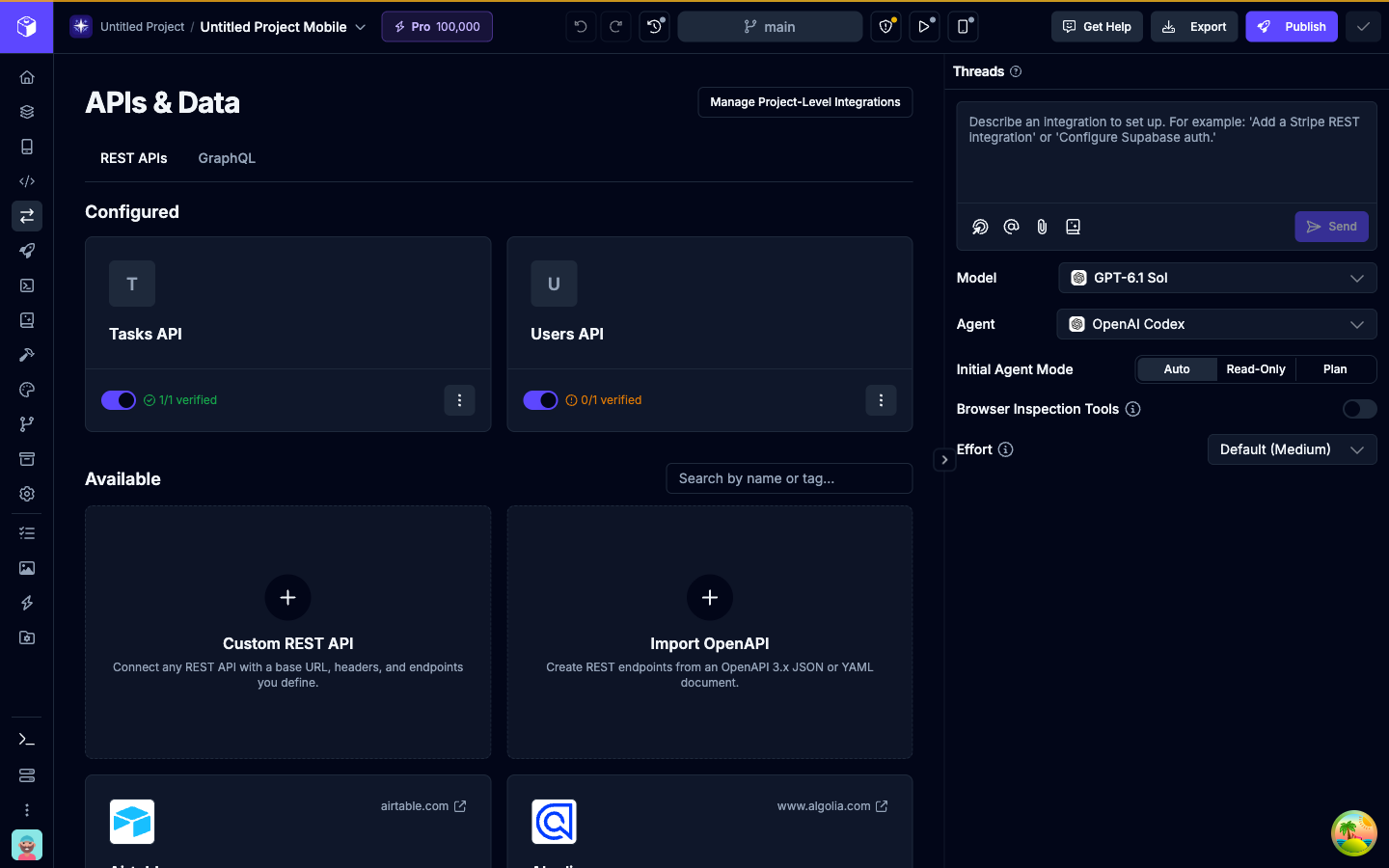 The APIs & Data page with two configured REST services