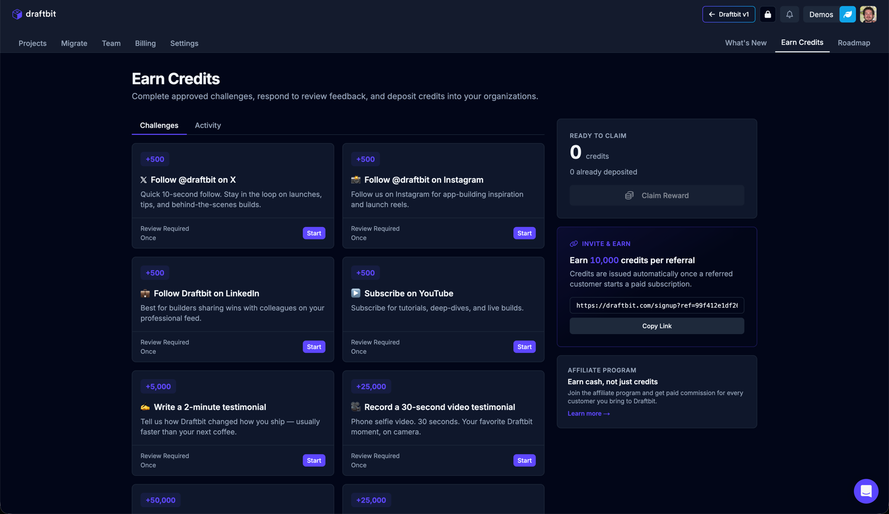 Earn Credits page