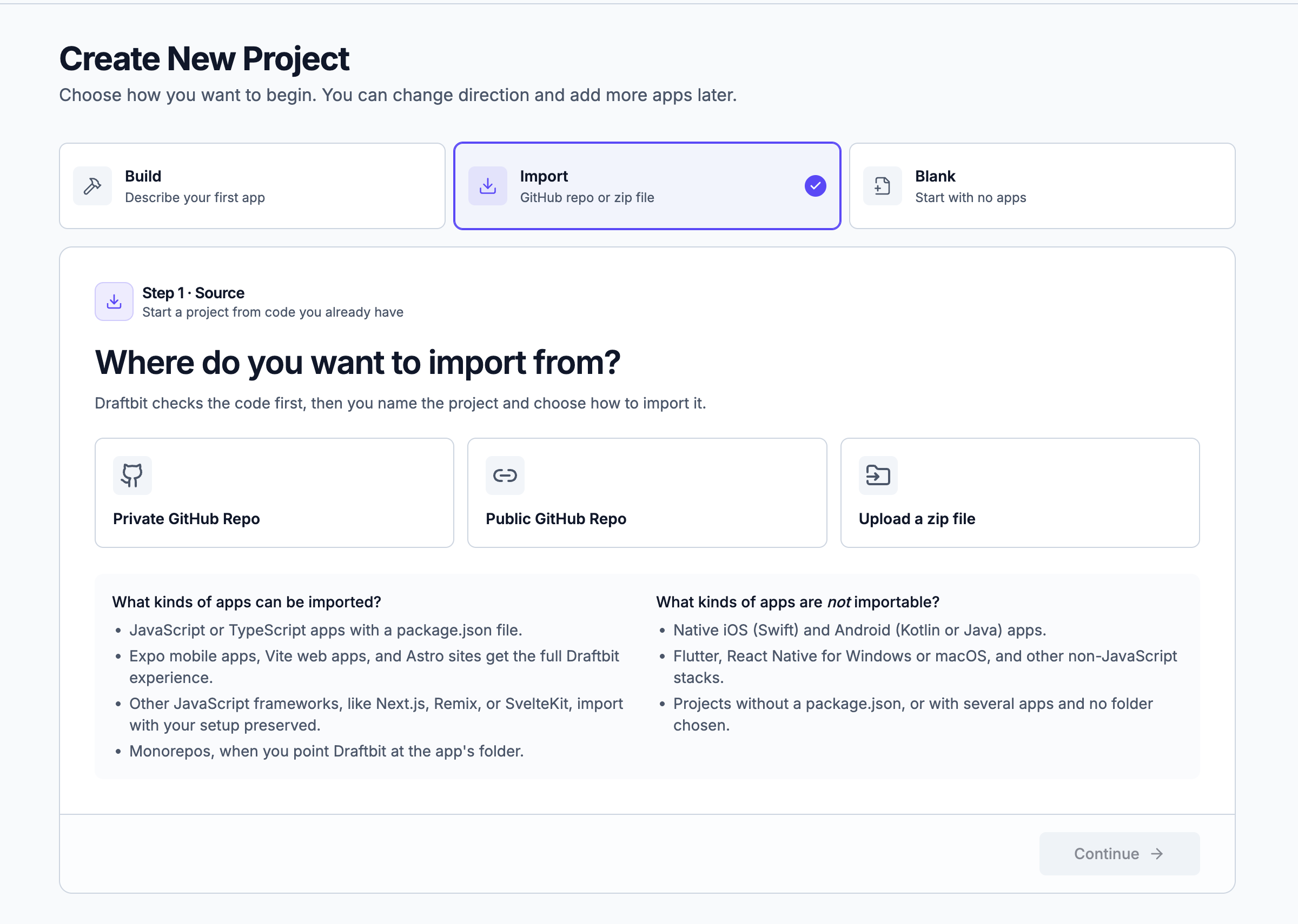 Create New Project screen with Import selected, showing Private GitHub Repo, Public GitHub Repo, and Upload a zip file source options