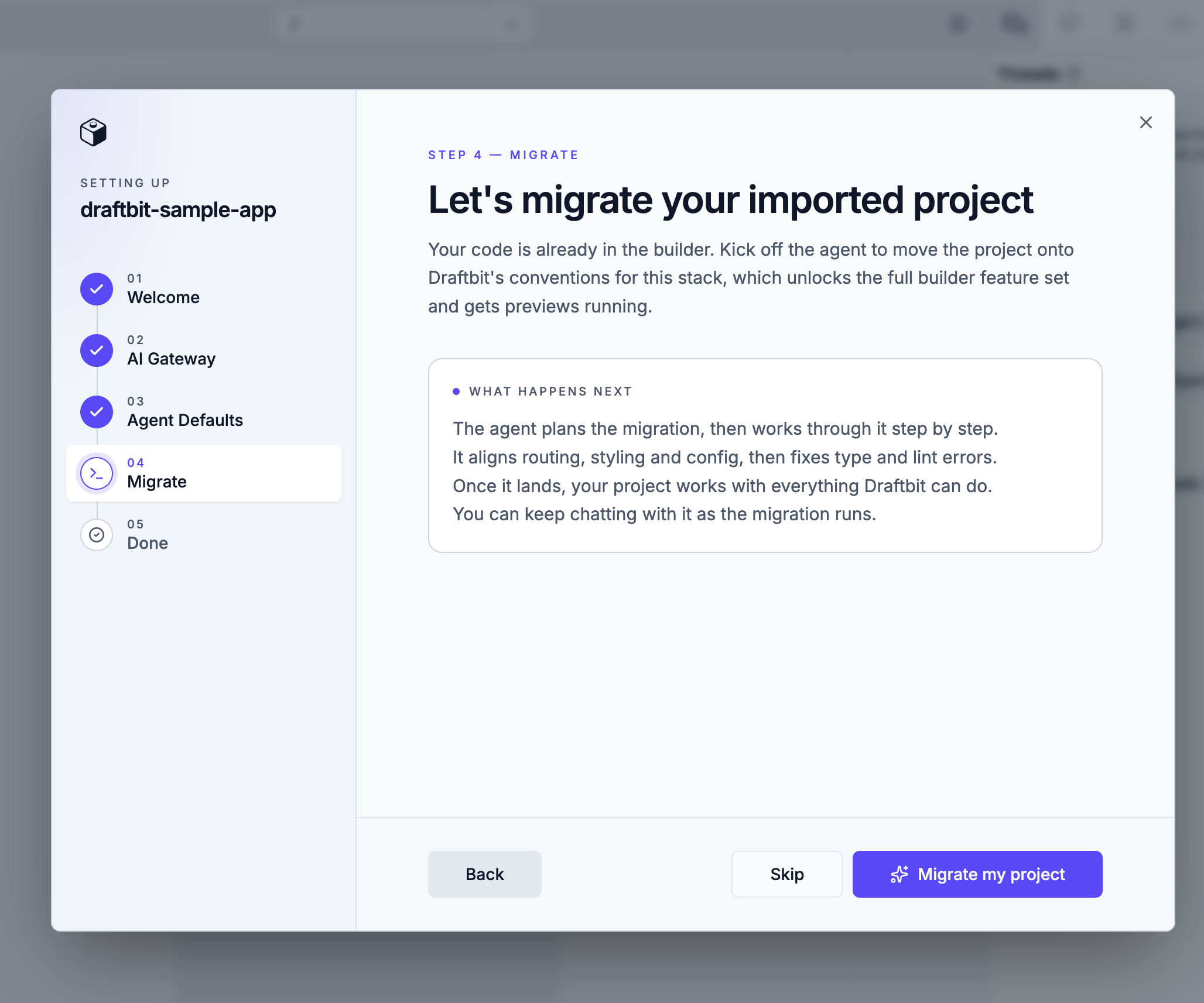 Let's migrate your imported project step, with Skip and Migrate my project buttons