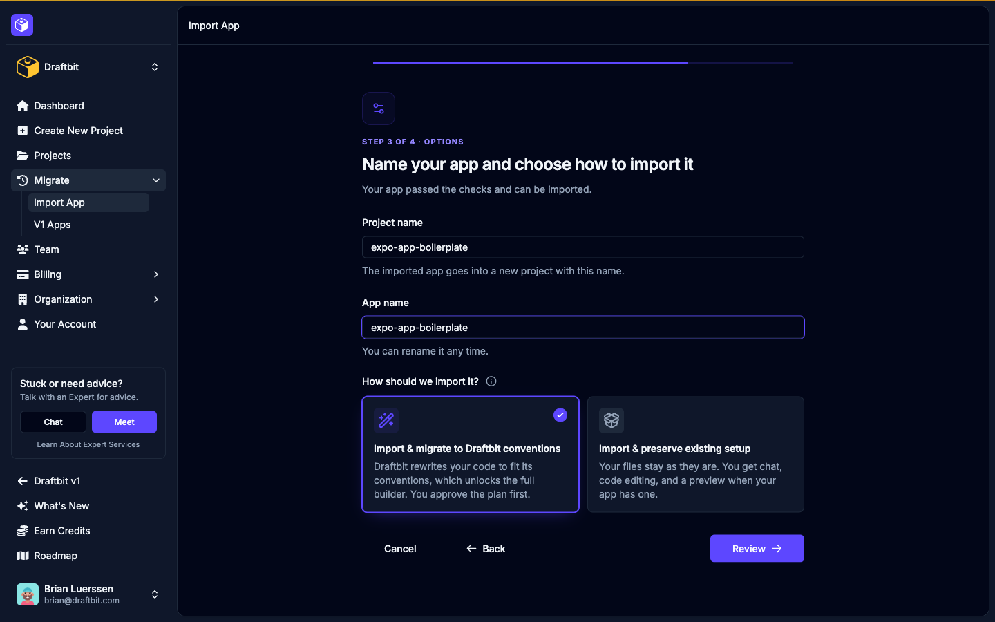 Name your app and choose how to import it step, with Import & migrate to Draftbit conventions selected