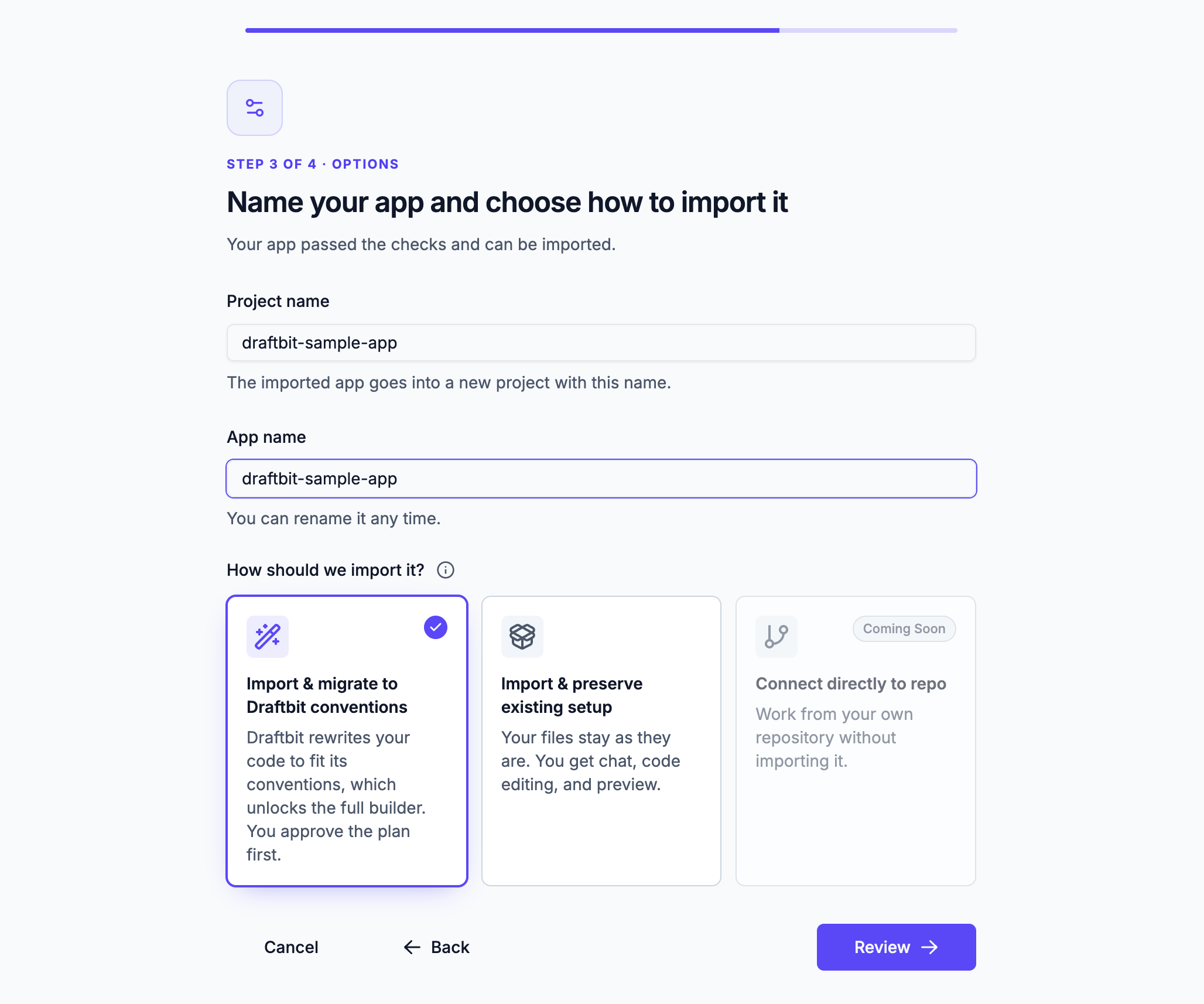 Name your app and choose how to import it step, with Import and migrate to Draftbit conventions selected