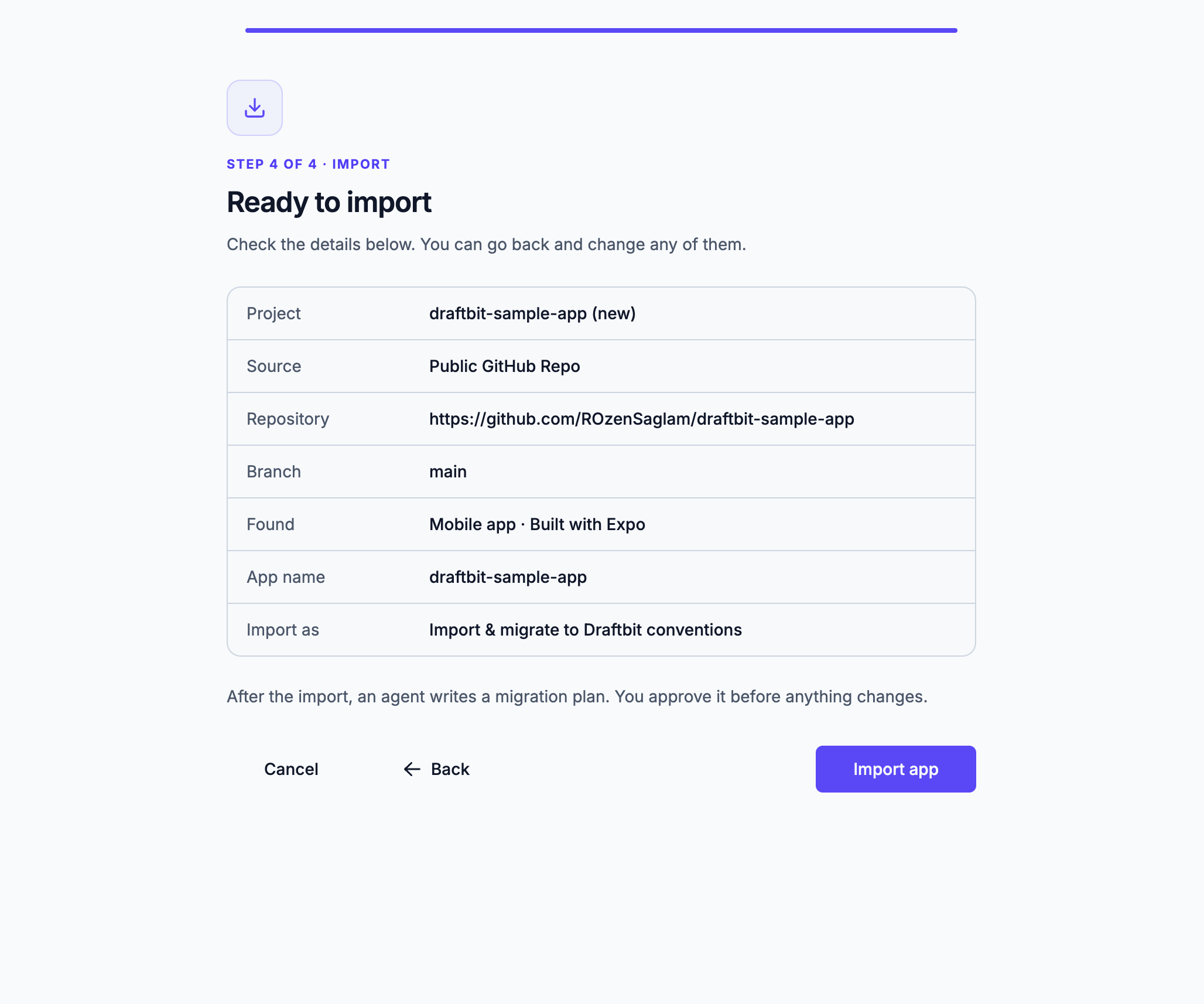 Ready to import summary screen showing project, source, repository, branch, detected framework, and import method
